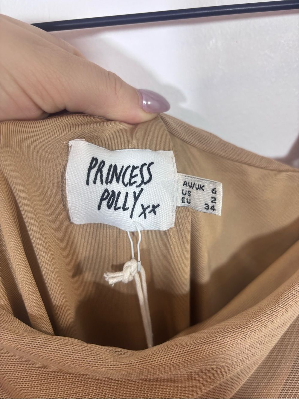 Princess Polly Charvi Mini Dress Tan NWT US 2 Ruching Sexy Mesh Stretch - Picture 11 of 14